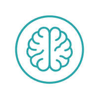 Minimal line-style icon of a brain, inside a circular badge, teal #3AB5C2, clarity and focus theme.