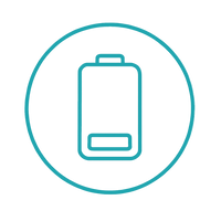 Minimal line-style icon of a low battery, inside a circular badge, teal #3AB5C2, clean and modern wellness design.