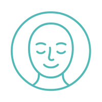 Minimal line-style icon of a smiling face, inside a circular badge, teal #3AB5C2, calm and relaxed feeling theme.