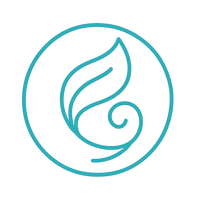 Minimal line-style icon of a swirling leaf, inside a circular badge, teal #3AB5C2, digestion and gut health theme.
